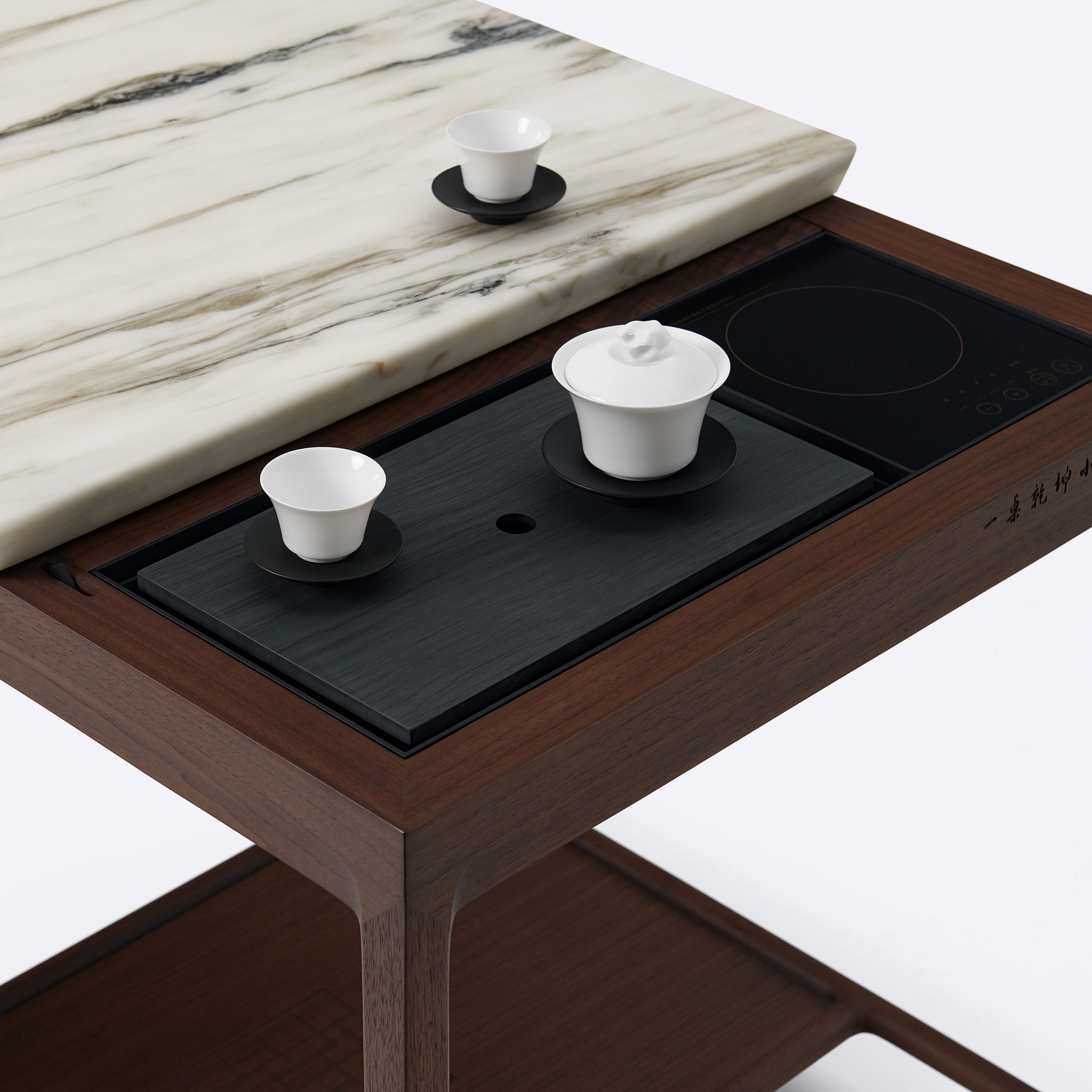 Da Tian Di Collection Walnut and Marble Square Tea Table in Matte Finish